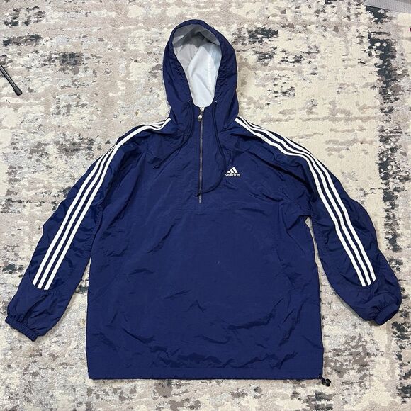 Vintage ADIDAS Pullover Men Anorak Jacket Windbreaker Navy Hood XL Stripes Lined - Picture 1 of 11